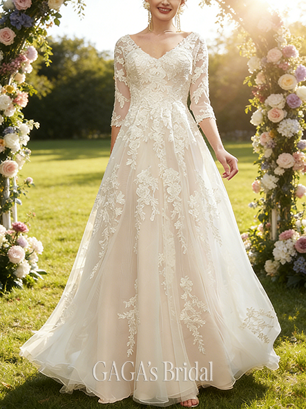 A-Line Elegant V-Neck Sweep Train Tulle Lace Sequin Bridal Wedding Dress