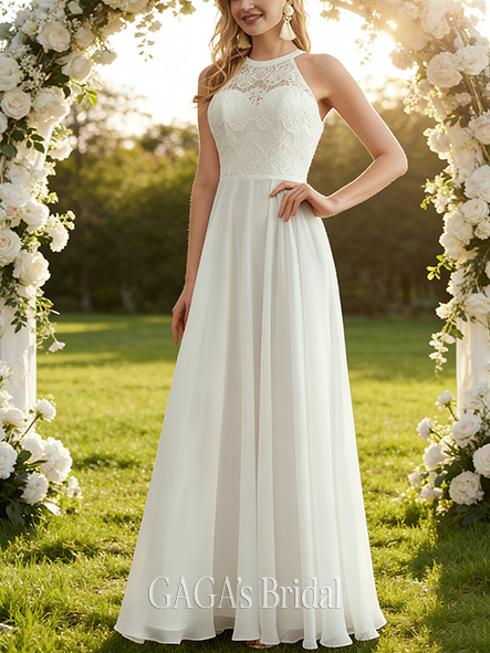 A-Line Elegant Scoop Neck Floor-Length Lace Chiffon Bridal Wedding Dress
