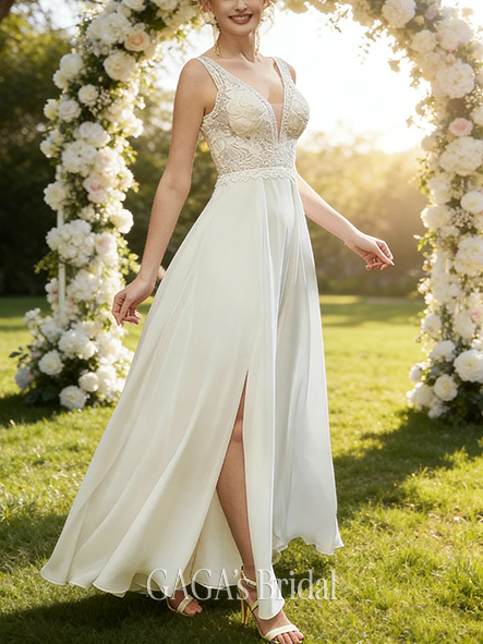 A-Line Elegant V-Neck Floor-Length Lace Chiffon Sequin Bridal Wedding Dress