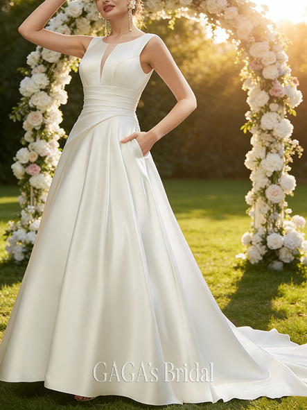 A-Line Elegant Scoop Neck Court Train Satin Bridal Wedding Dress
