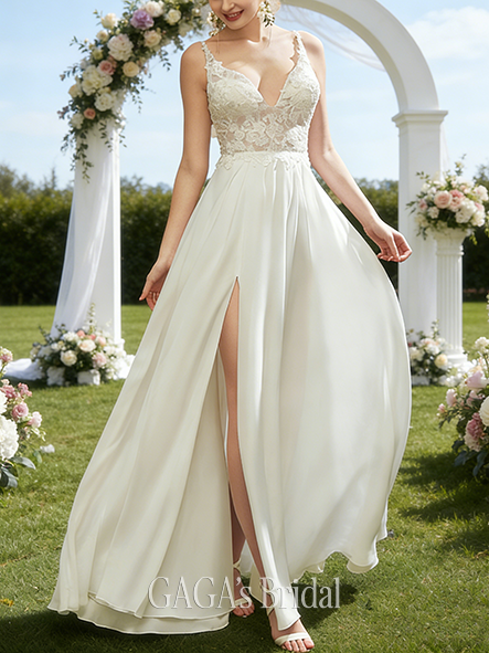 Under $300 A-Line Lace and Chiffon Elegant V-Neck Floor-Length Wedding Dress
