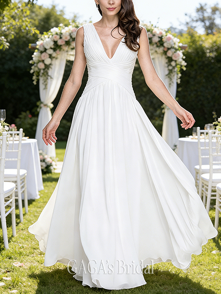 A-Line Pleated Chiffon Romantic V-Neck Floor-Length Wedding Dress