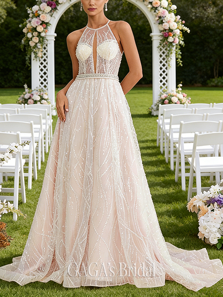 Halter Neck A-Line Wedding Dress with Sequins