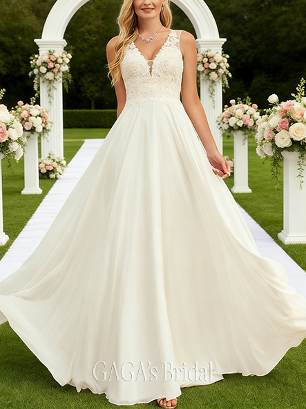 A-Line Lace and Chiffon Graceful V-Neck Sweep Train Wedding Dress