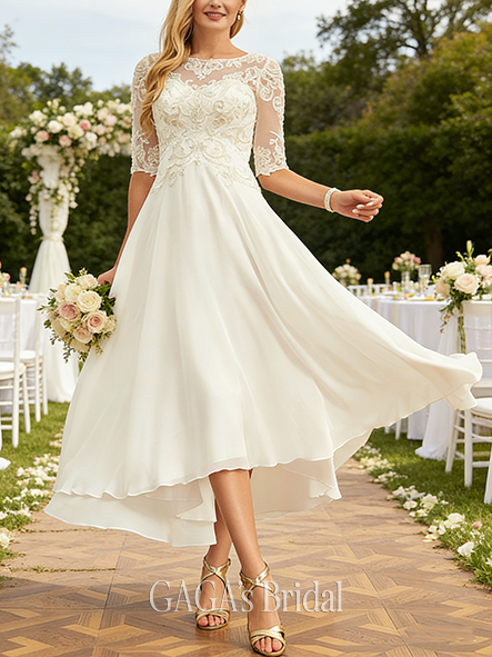 A-Line Beaded Sequin Embellished Glistening Lace and Chiffon Asymmetrical Scoop Neck Wedding Dress