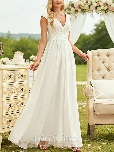 A-Line Lace and Chiffon Timeless V-Neck Floor-Length Wedding Dress