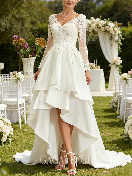 A-Line Satin Lace Chic V-Neck Asymmetrical Wedding Dress