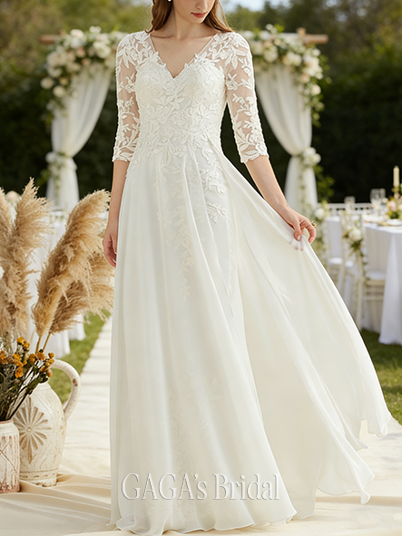 A-Line Lace and Chiffon Classic V-Neck Floor-Length Wedding Dress A-Line Lace and Chiffon Classic V-Neck Floor-Length Wedding Dress