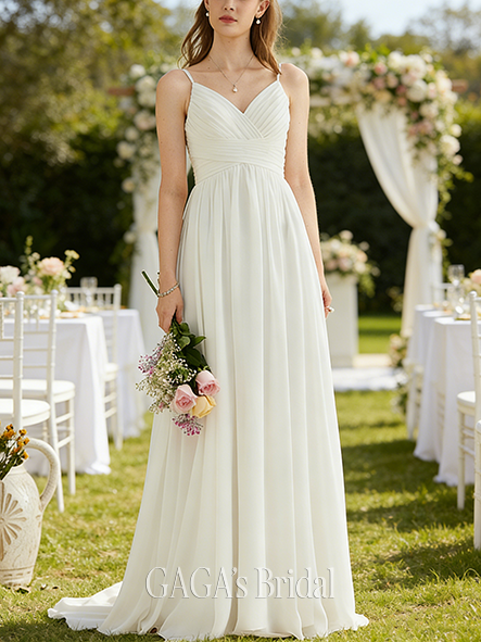 A-Line Pleated Chiffon Dreamy V-Neck Floor-Length Wedding Dress