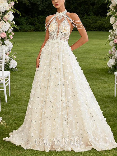 Halter Neck A-Line Wedding Dress with Beading and Sequins