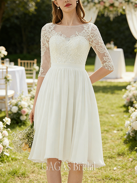 A-Line Sequin Embellished Sparkling Lace and Chiffon Scoop Neck Knee-Length Wedding Dress