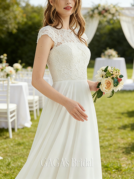 A-Line Sequin Embellished Radiant Lace and Chiffon Scoop Neck Floor-Length Wedding Dress