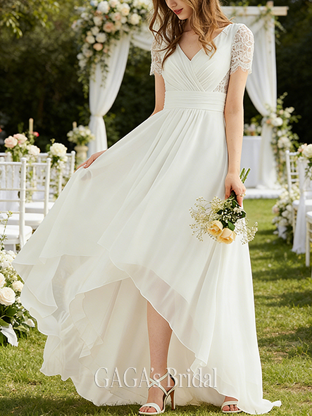 A-Line Lace and Chiffon Unique V-Neck Asymmetrical Wedding Dress
