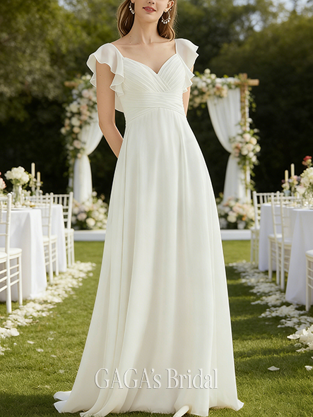 A-Line Ruffled Chiffon Flowy V-Neck Floor-Length Wedding Dress