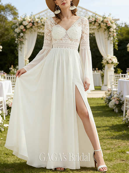 A-Line Lace and Chiffon Elegant V-Neck Sweep Train Wedding Dress