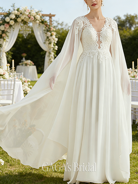 A-Line Sequin Embellished Glittering Lace and Chiffon V-Neck Floor-Length Wedding Dress
