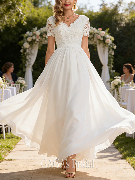 A-Line Lace and Chiffon Refined V-Neck Floor-Length Wedding Dress