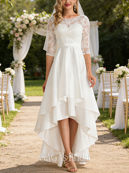 A-Line Satin Lace Stylish Scoop Neck Asymmetrical Wedding Dress