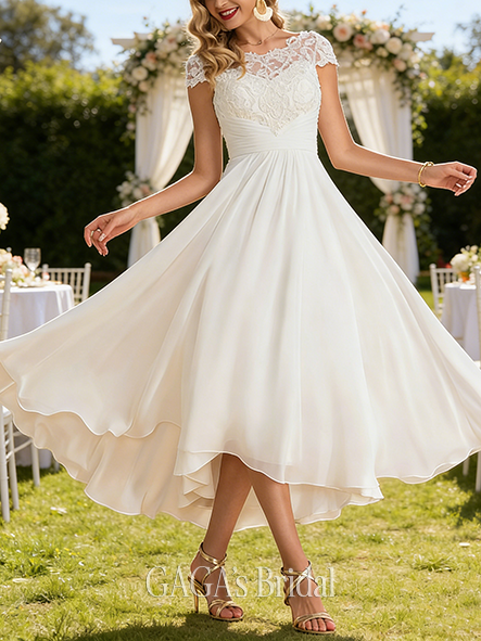 A-Line Cape-Sleeve Lace and Chiffon Elegant Scoop Neck Asymmetrical Wedding Dress