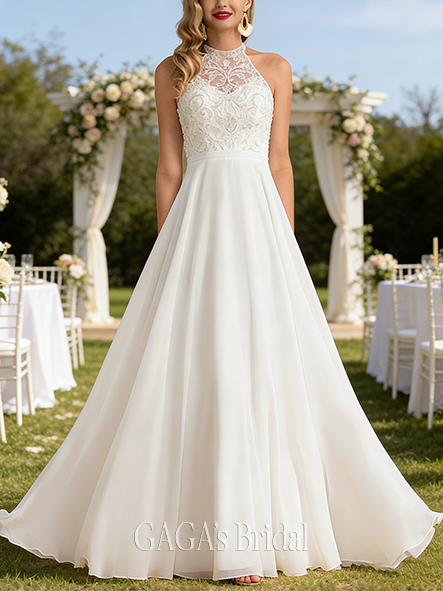 A-Line Lace and Chiffon Modest High Neck Floor-Length Wedding Dress