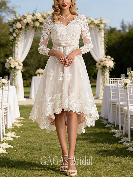 Under $500 A-Line Satin Tulle and Lace Chic V-Neck Asymmetrical Wedding Dress