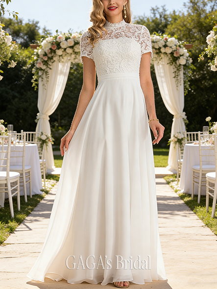 Under $300 A-Line Lace and Chiffon Elegant High Neck Floor-Length Wedding Dress