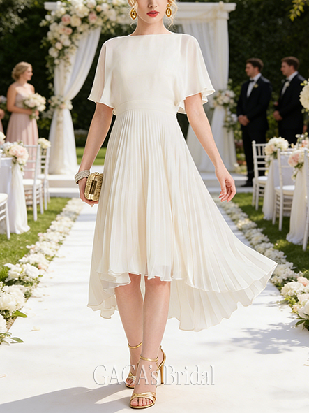 A-Line Pleated Chiffon Romantic Scoop Neck Asymmetrical Wedding Dress