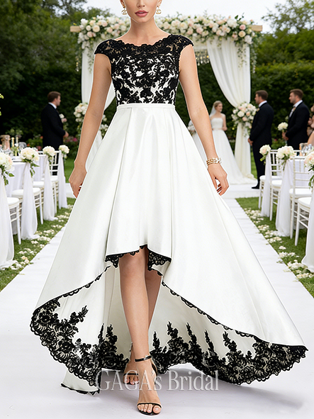 A-Line Satin and Lace Delicate Scoop Neck Illusion Asymmetrical Wedding Dress