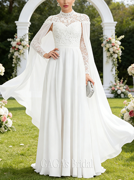 A-Line Lace and Chiffon Graceful High Neck Floor-Length Wedding Dress