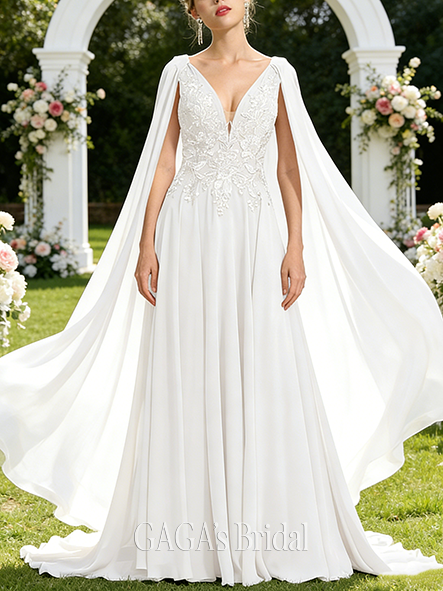 A-Line Sequin Embellished Cape-Sleeve Dazzling Lace and Chiffon V-Neck Sweep Train Wedding Dress