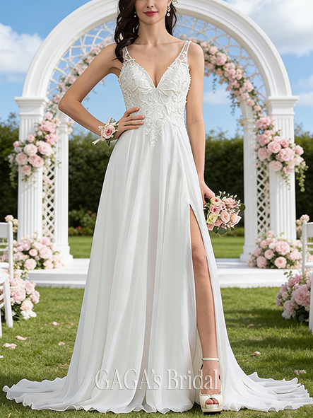 A-Line Beaded Sequin Embellished Sparkling Lace and Chiffon V-Neck Sweep Train Wedding Dress