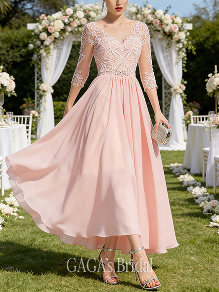 A-Line Beaded Cute Lace and Chiffon V-Neck Knee-Length Wedding Dress