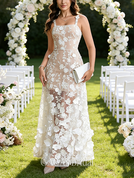 Square Neck A-Line Wedding Dress with Embroidered Flowers