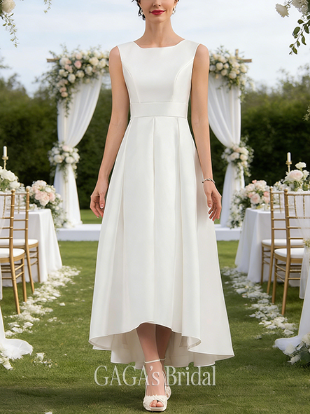 New Arrival A-Line Satin Elegant Square Neck Asymmetrical Wedding Dress