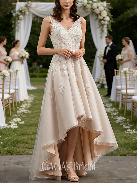A-Line Bow-Detailed Sweet Satin Tulle and Lace V-Neck Asymmetrical Wedding Dress