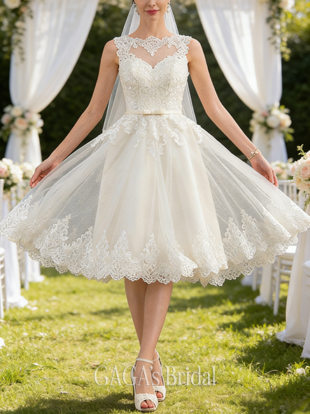 New Arrival A-Line Bow-Detailed Adorable Satin Tulle and Lace Illusion Knee-Length Wedding Dress