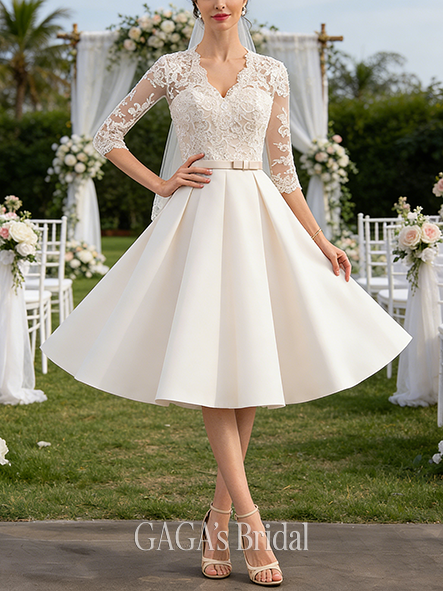 New Arrival A-Line Bow-Detailed Cute Tulle and Lace V-Neck Knee-Length Wedding Dress