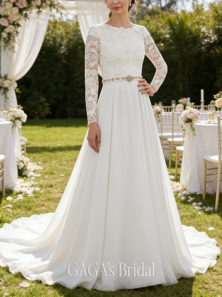 Under $500 A-Line Beaded Luxurious Lace and Chiffon Scoop Neck Court Train Wedding Dress