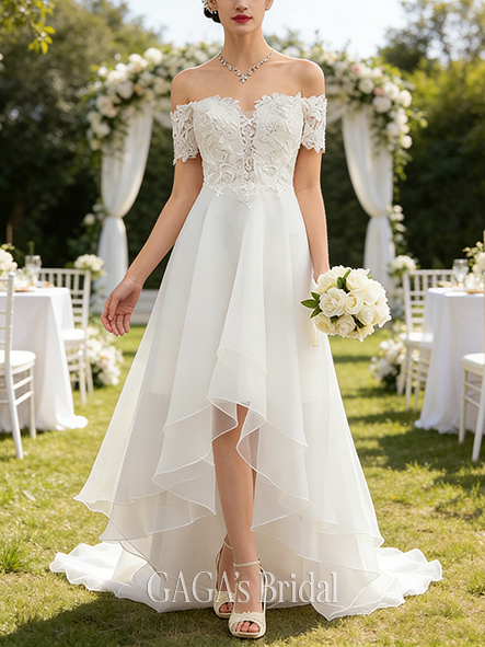 Under $300 A-Line Sequin Embellished Glamorous Organza and Lace Off-the-Shoulder Asymmetrical Wedding Dress