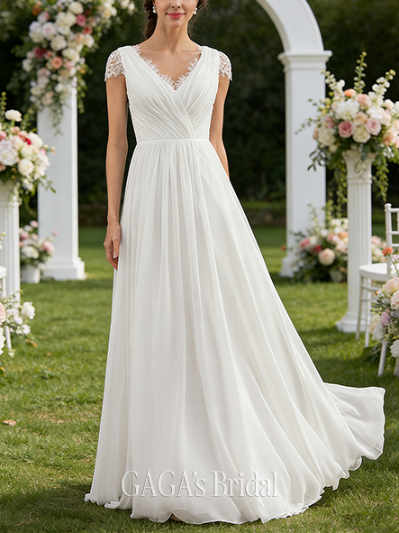 A-Line Ruffled Cape-Sleeve Elegant Lace and Chiffon V-Neck Floor-Length Wedding Dress