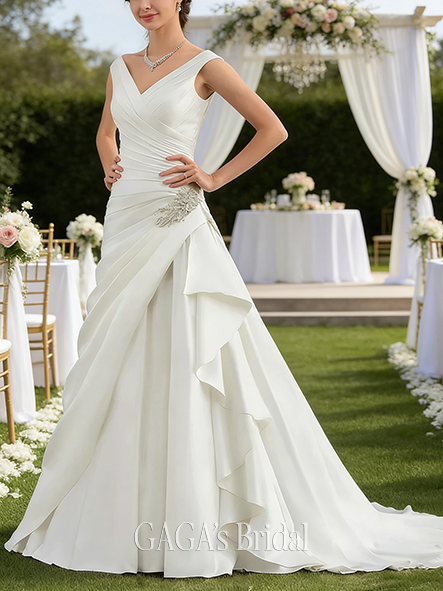 New Arrival A-Line Beaded Luxurious Satin V-Neck Court Train Wedding Dress