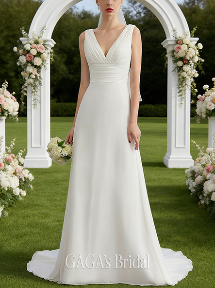 A-Line Ruffled Flowy Lace and Chiffon V-Neck Sweep Train Wedding Dress