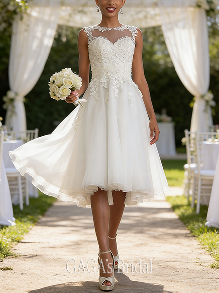 A-Line Ruffled Unique Tulle and Lace Illusion Asymmetrical Wedding Dress