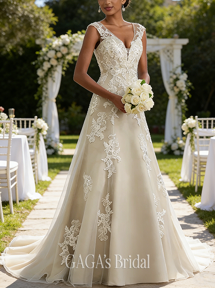 A-Line Beaded Sequin Embellished Dazzling Lace and Tulle V-Neck Court Train Wedding Dress