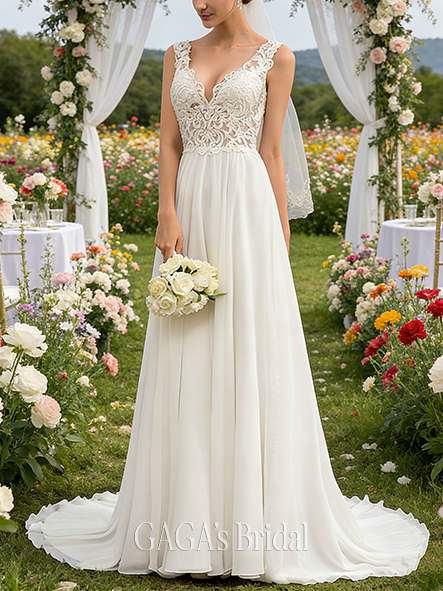 A-Line Elegant Lace and Chiffon V-Neck Court Train Wedding Dress