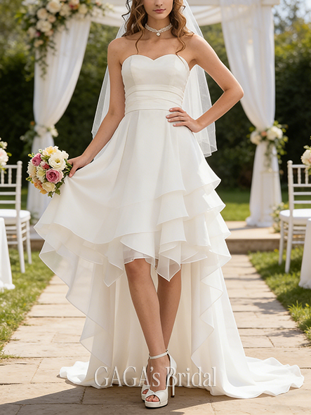 New Arrival A-Line Ruffled Flowy Chiffon Sweetheart Asymmetrical Wedding Dress