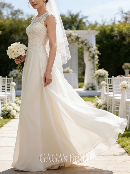 A-Line Beaded Sequin-Embellished Sparkling Lace and Chiffon Scoop Neck Floor-Length Wedding Dress