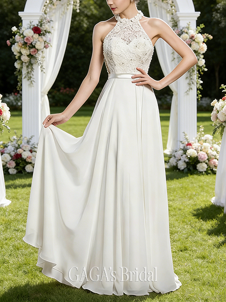 New Arrival A-Line Beaded Sequin-Embellished Glittering Lace and Chiffon High Neck Floor-Length Wedding Dress