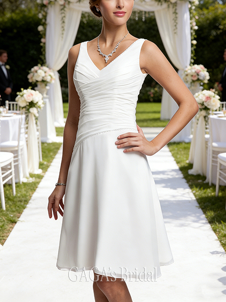 New Arrival A-Line Beaded Sequin-Embellished Ruffled Dazzling Chiffon V-Neck Knee-Length Wedding Dress