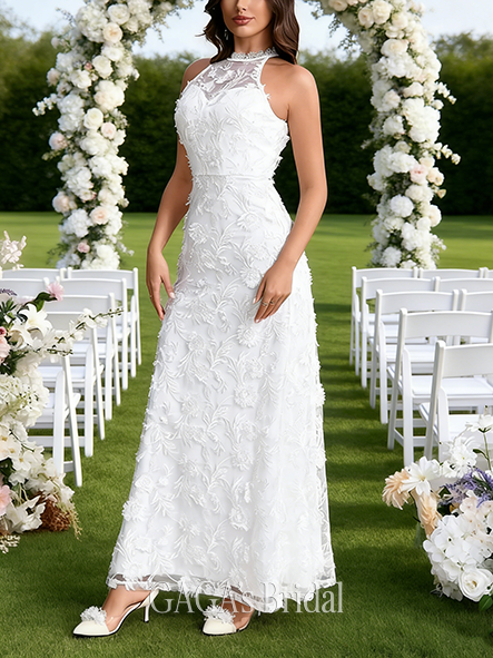 Halter Neck A-Line Wedding Dress with Sequined Embroidery